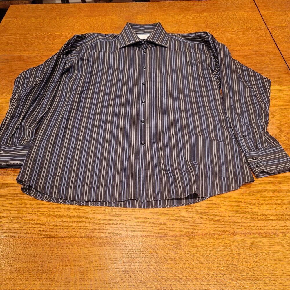 Coogi Luxe Button Up Shirt 100% Cotton XL 17/44 Striped Black Blue Brown